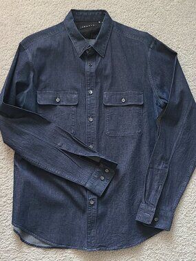 Theory Barham Turini Indigo Blue Stretch Cotton Chambray Long Sleeve Shirt - L